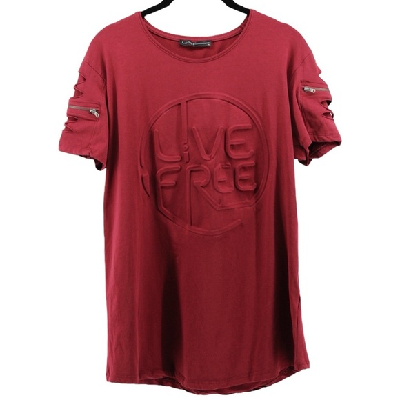 Lagos Wine Red “Live Free” Three Dimensional Artsy Grunge Tee Women’s XL - Picture 2 of 9